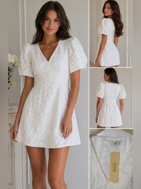 Jade Melody Tam White Floral Jacquard Mini Dress Puff Sleeve V-Neck NWT Size S